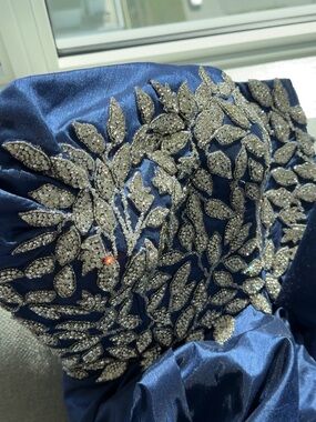 Jovani Navy Blue Satin Gown with Silver Crystal Leaf Embellishment